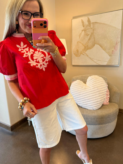Red Short Sleeve Embroidered Top