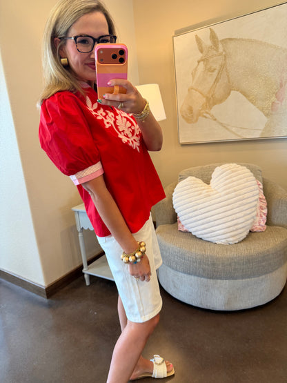 Red Short Sleeve Embroidered Top