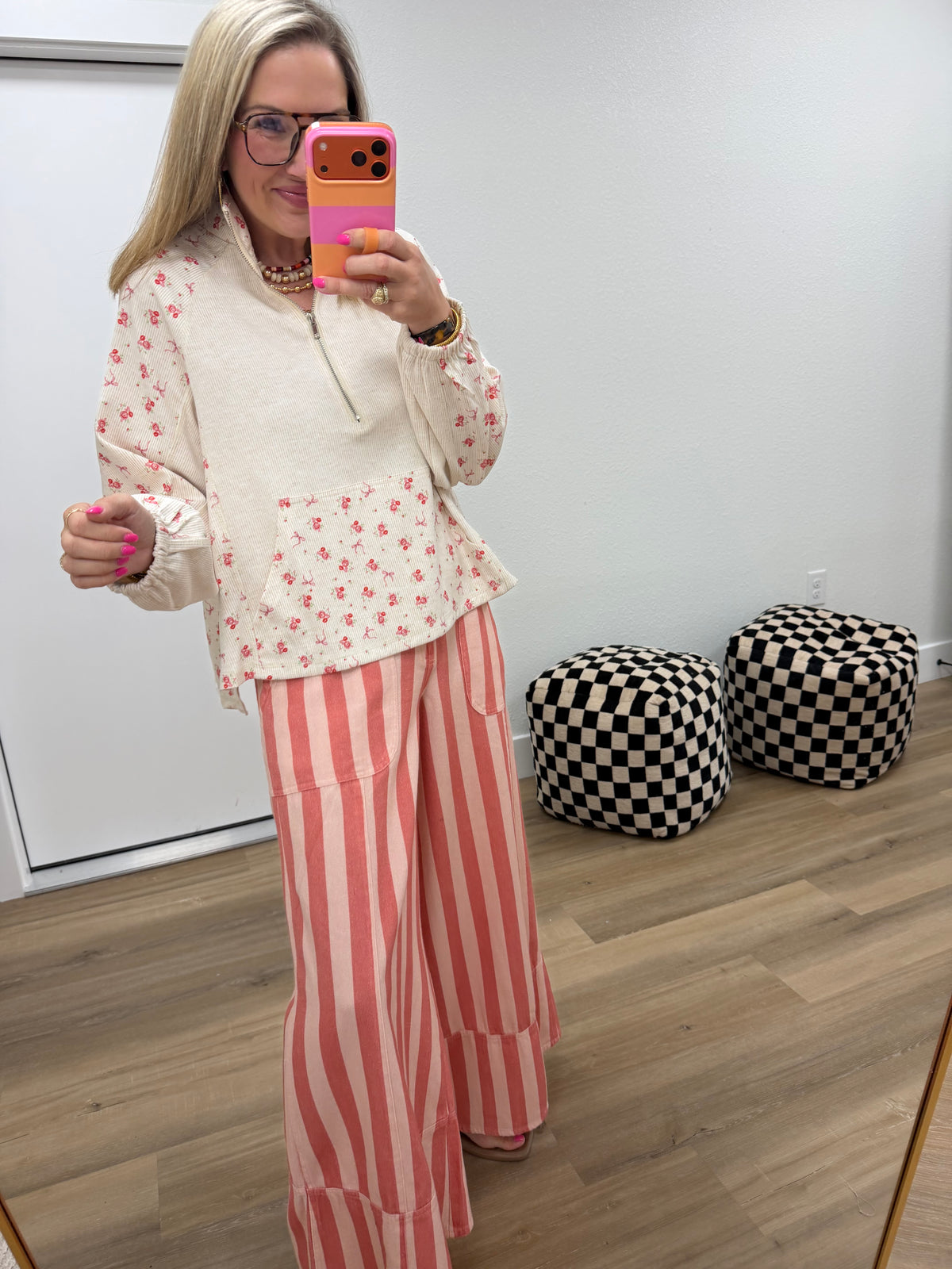 Ivory Floral 1/4 Zip Long Sleeve Top