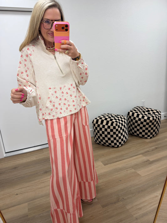 Ivory Floral 1/4 Zip Long Sleeve Top