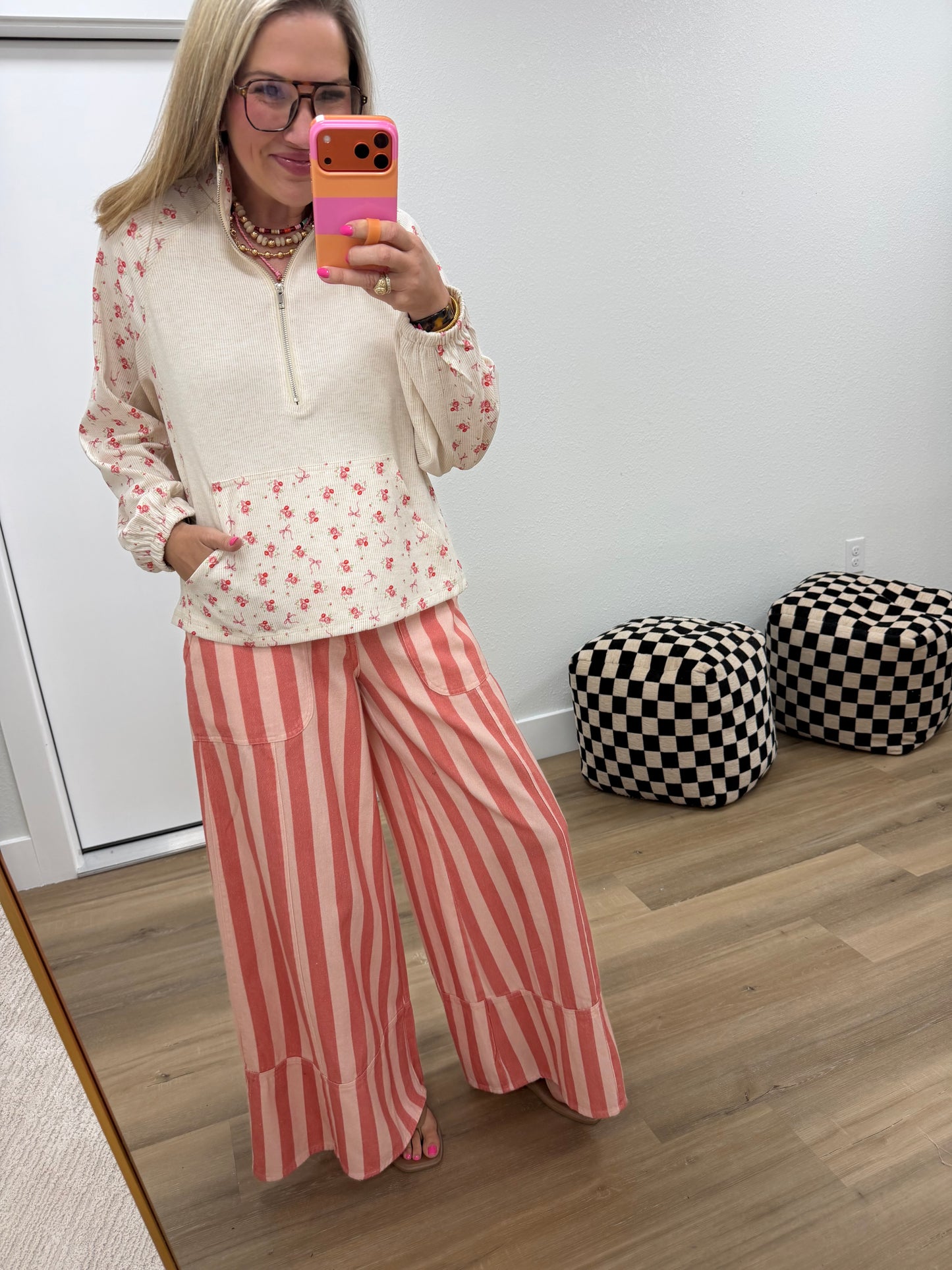 Ivory Floral 1/4 Zip Long Sleeve Top