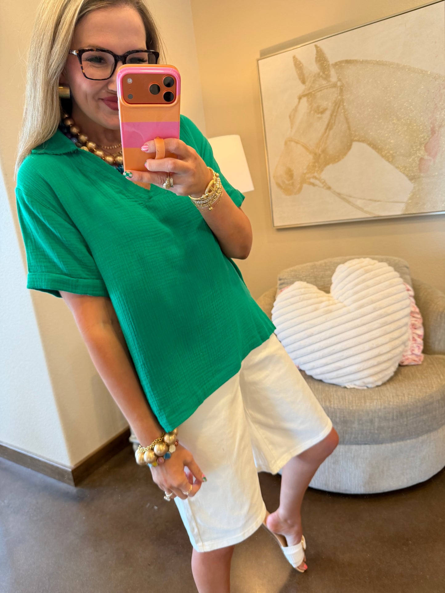 Kelly Green Double Gauze V-Neck Short Sleeve Top