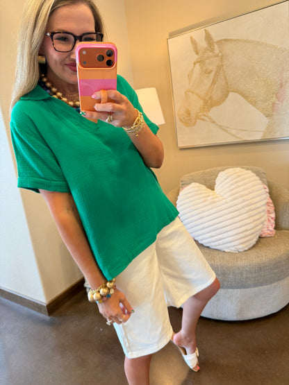 Kelly Green Double Gauze V-Neck Short Sleeve Top
