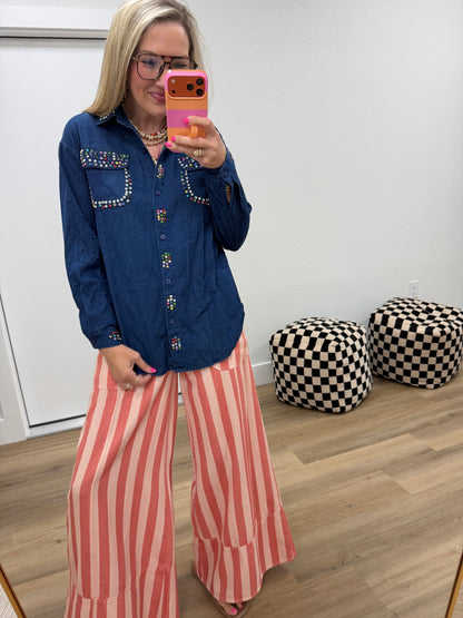 Dark Blue Crystal Denim Button Up Top