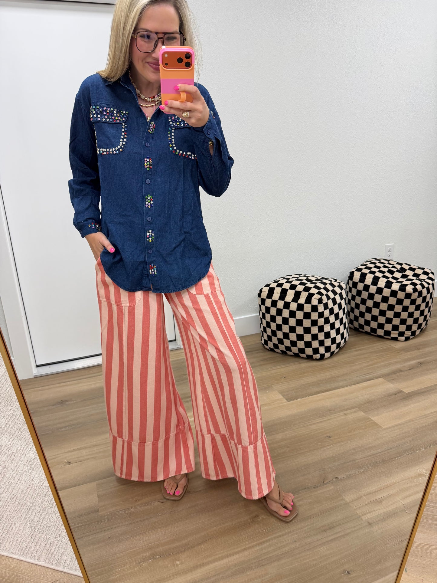 Dark Blue Crystal Denim Button Up Top