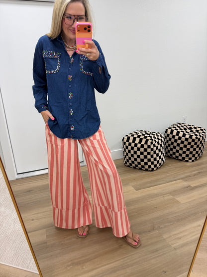 Dark Blue Crystal Denim Button Up Top