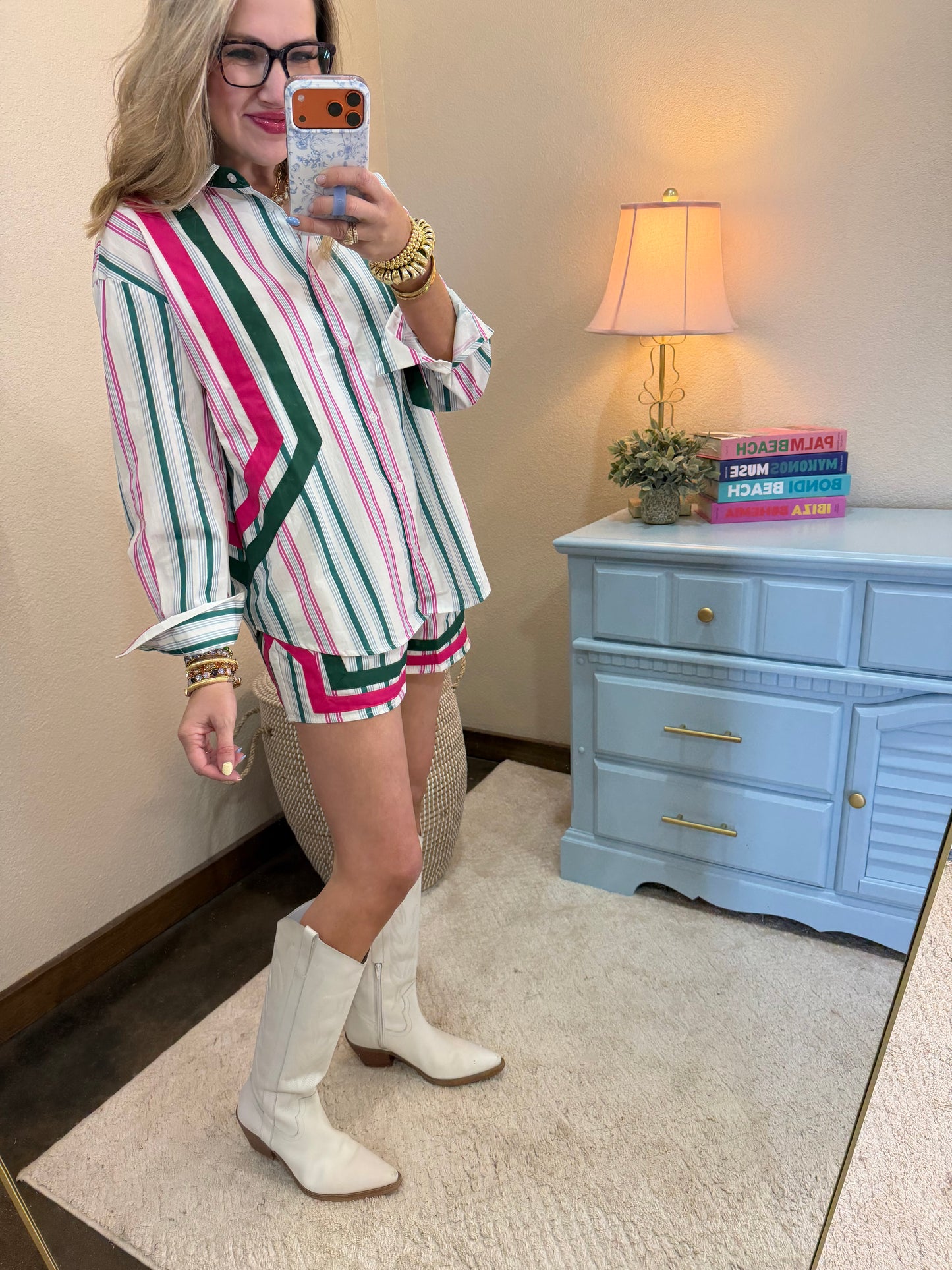 Teal & Magenta Striped Double Band Short Set
