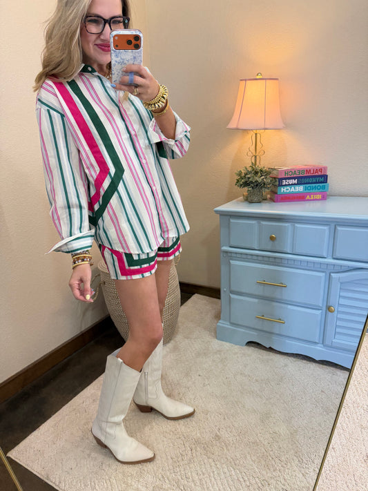 Teal & Magenta Striped Double Band Short Set