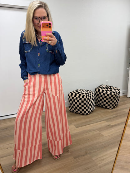 Pink & Coral Wide Leg Stripe Pants