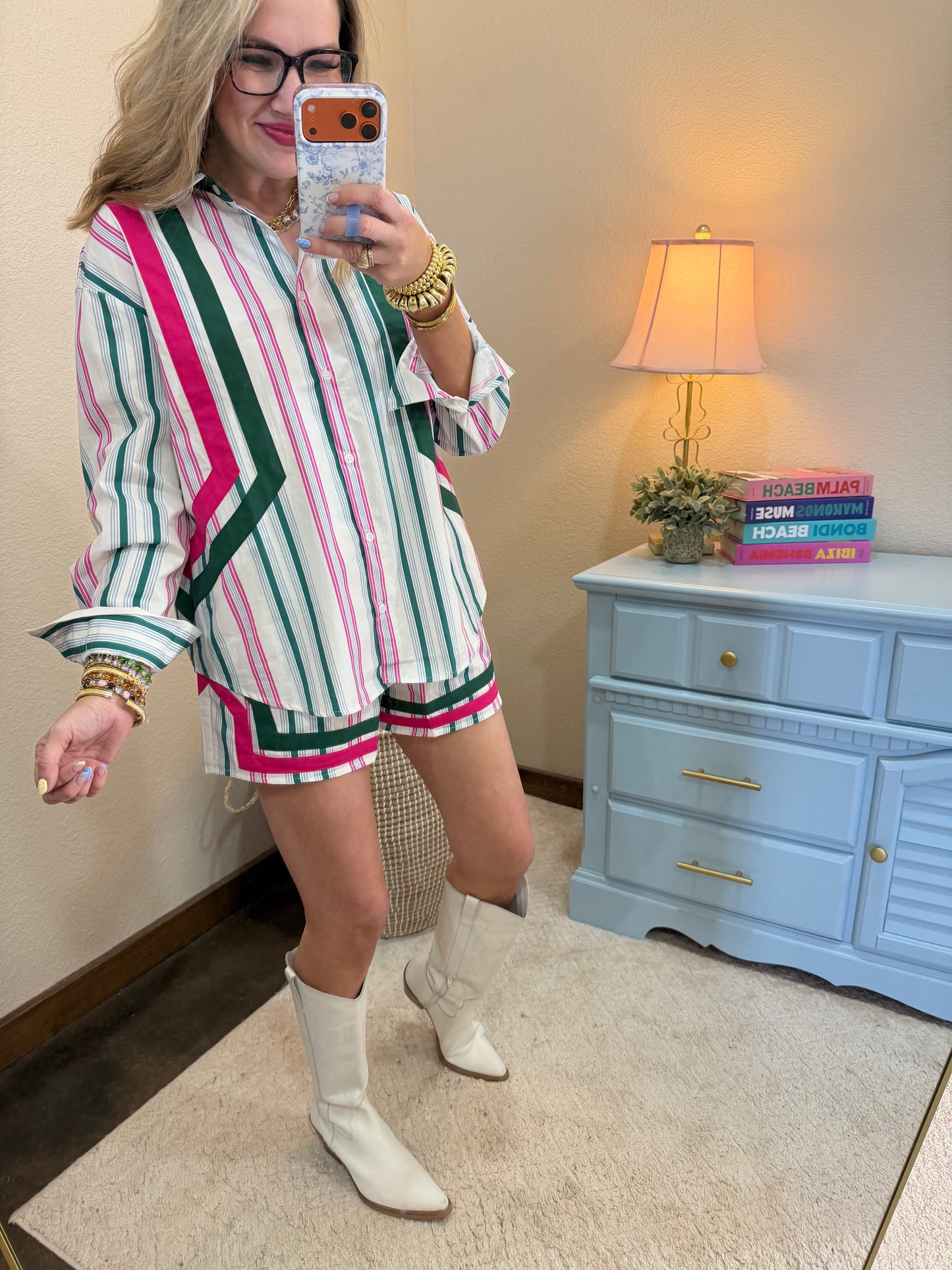 Teal & Magenta Striped Double Band Short Set