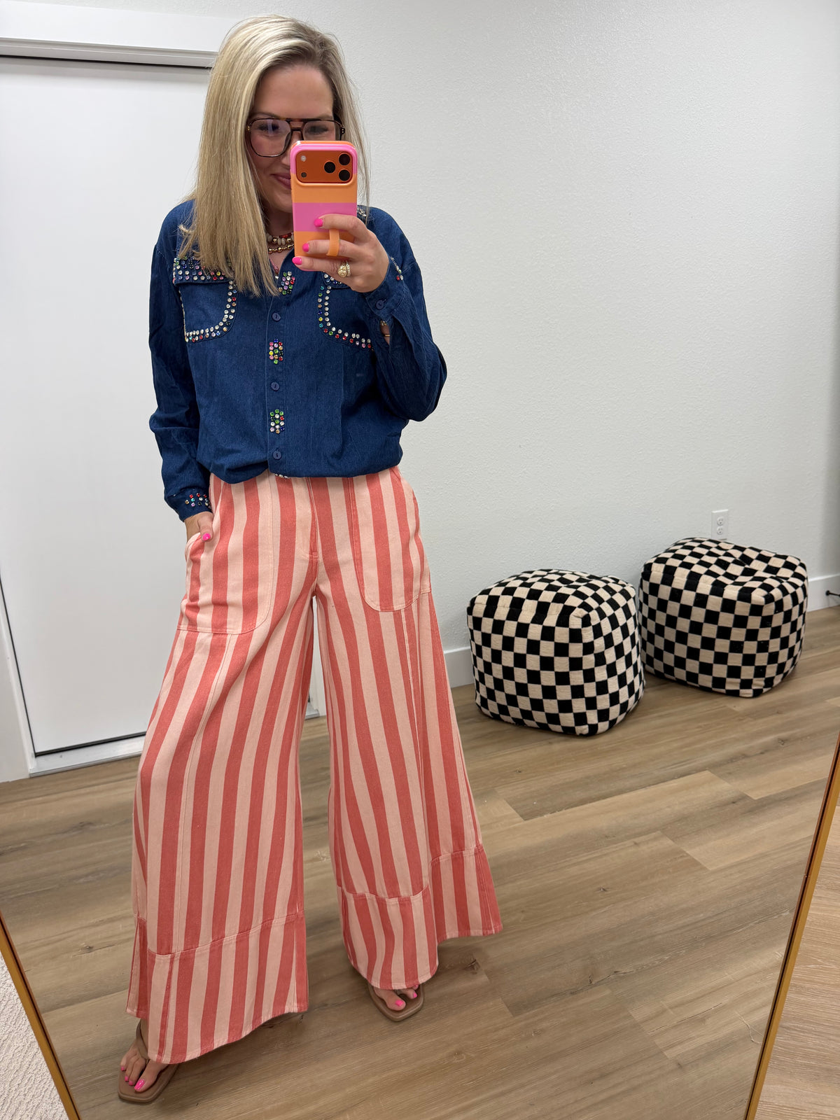 Pink & Coral Wide Leg Stripe Pants
