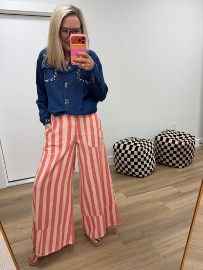 Pink & Coral Wide Leg Stripe Pants