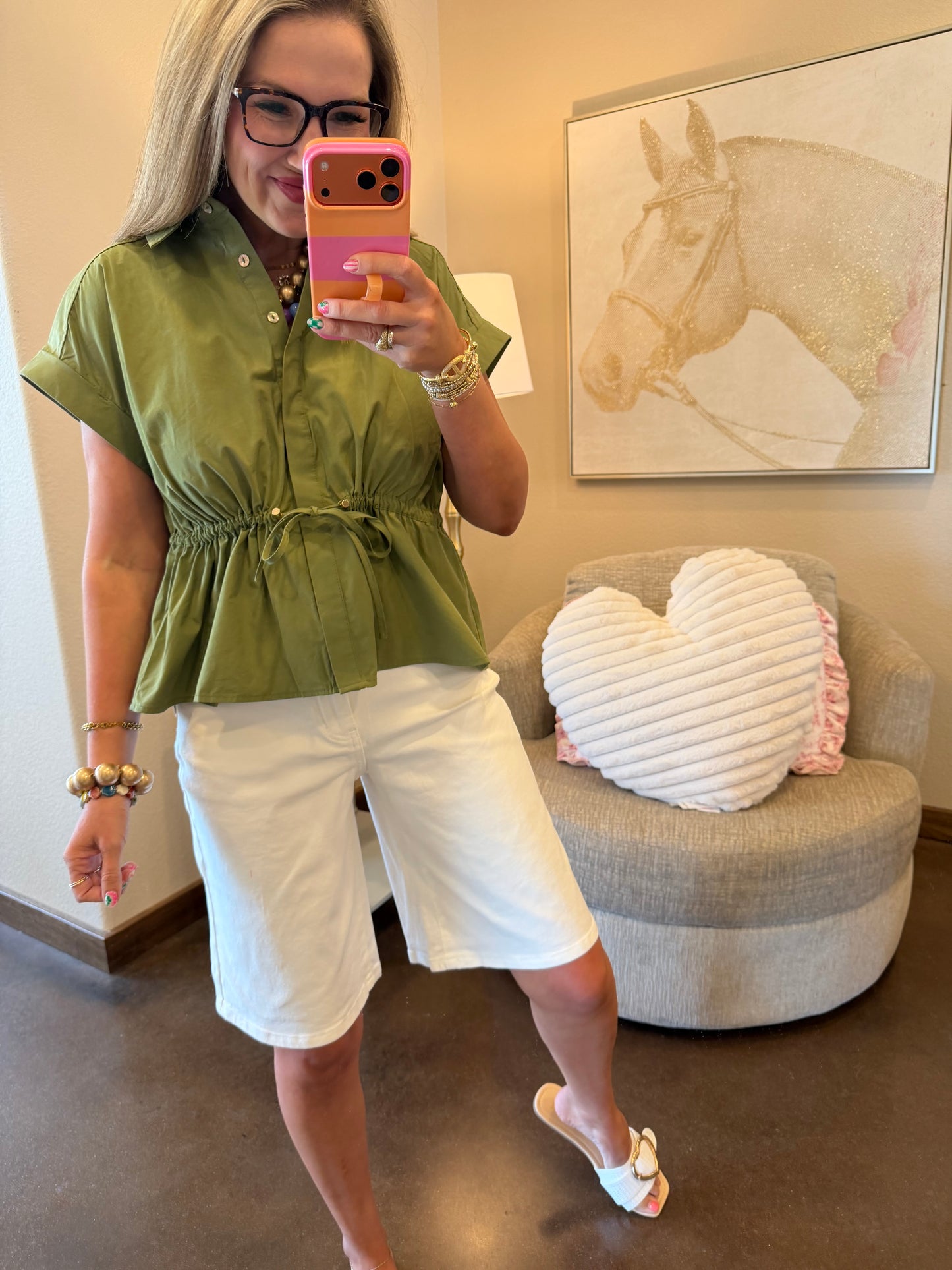 Olive Button Up Cinched Waist Top