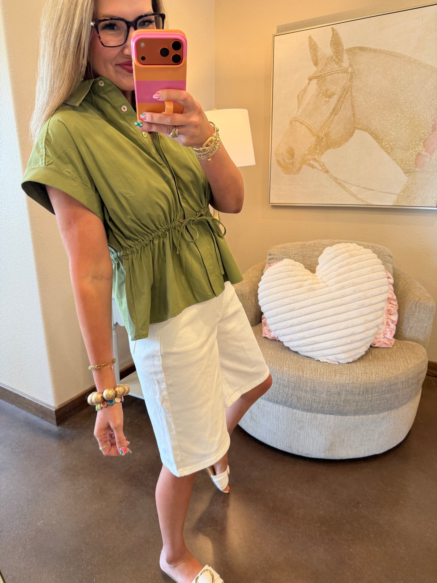 Olive Button Up Cinched Waist Top