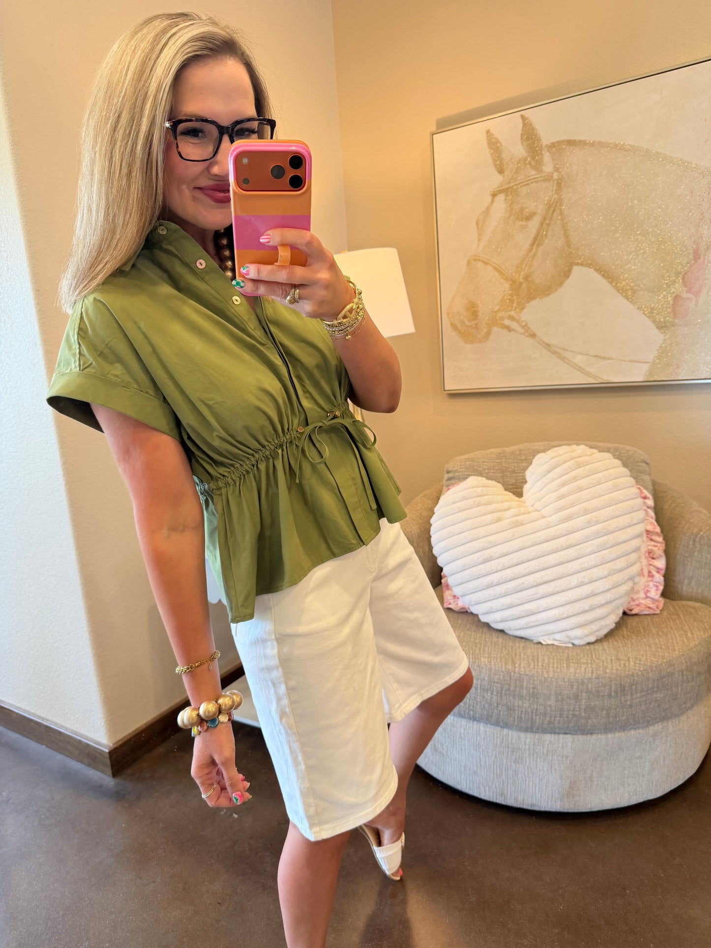 Olive Button Up Cinched Waist Top