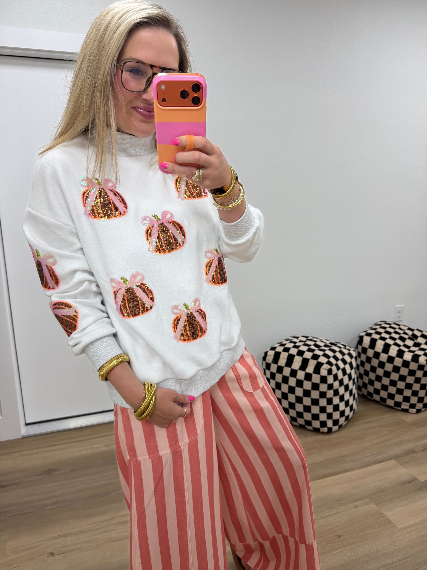 CJ Sequin Bow Pumpkin Halloween Mock Neck Sweatshirt