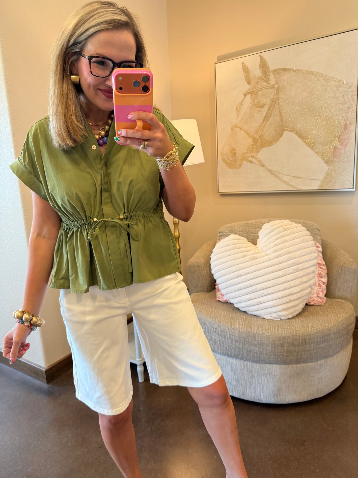 Olive Button Up Cinched Waist Top