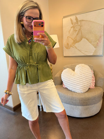 Olive Button Up Cinched Waist Top