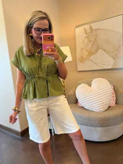 Olive Button Up Cinched Waist Top