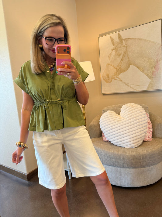 Olive Button Up Cinched Waist Top