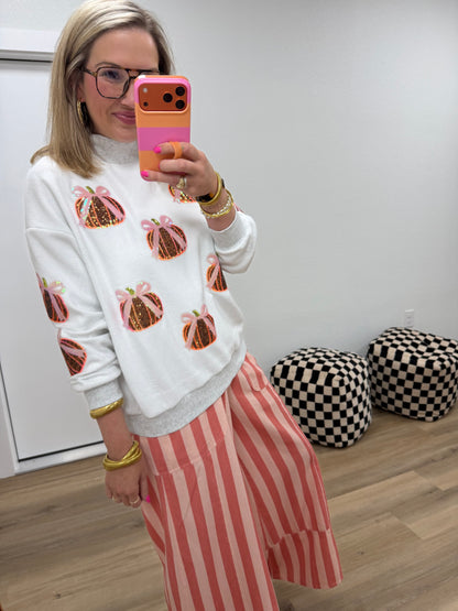 CJ Sequin Bow Pumpkin Halloween Mock Neck Sweatshirt