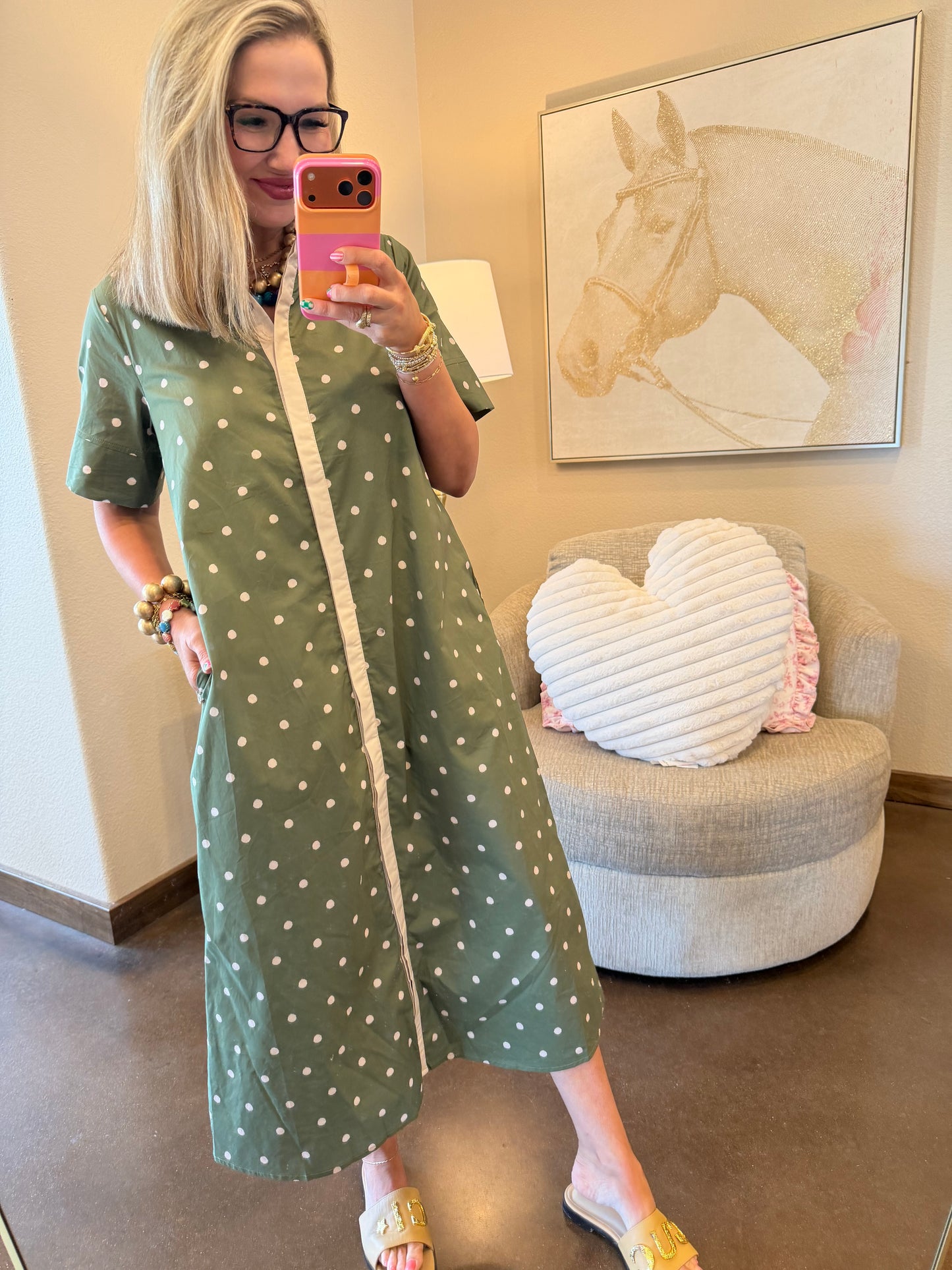Olive Polka Dot Button Down Dress