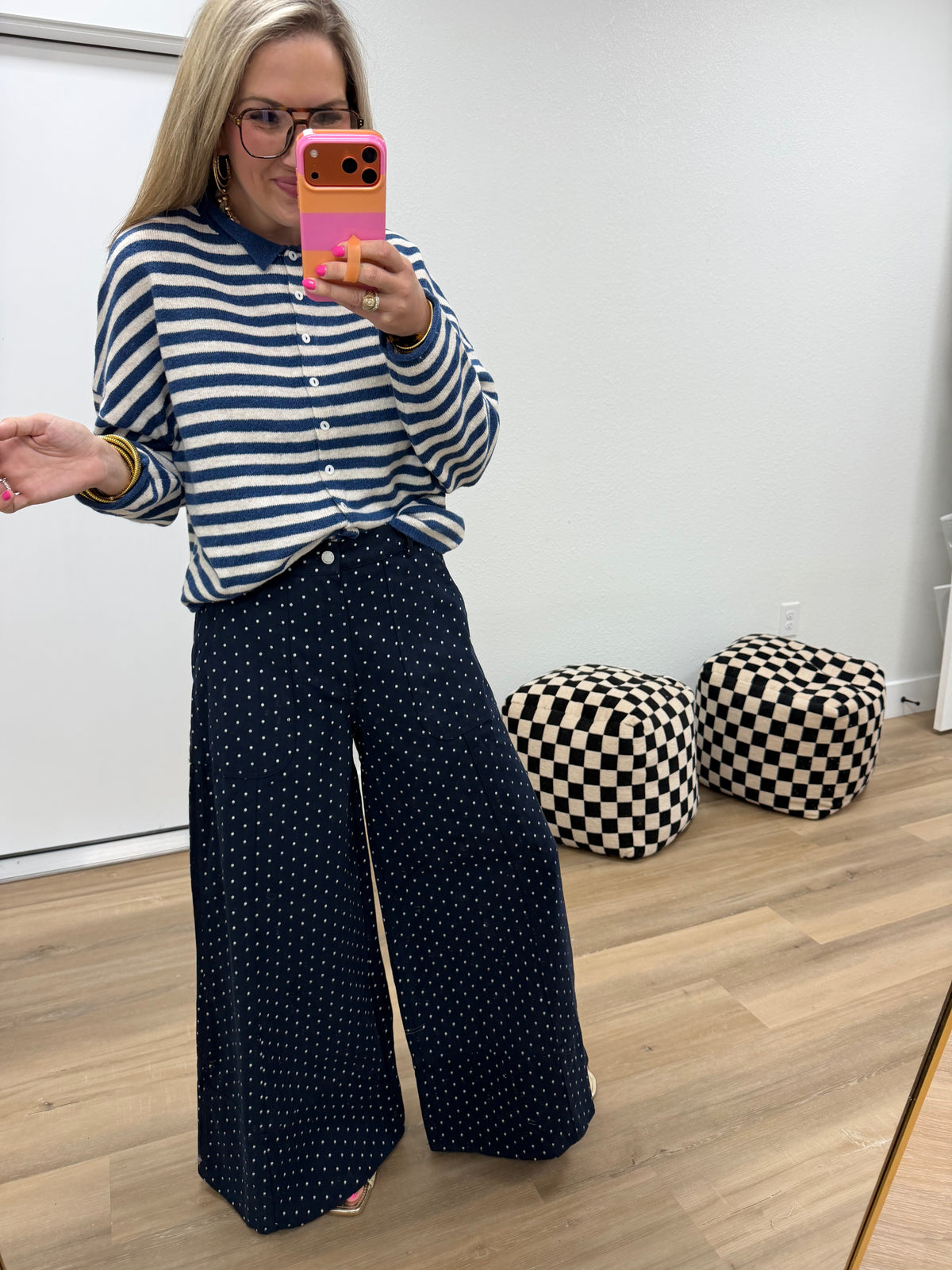 Navy Polka Dot Wide Leg Pants