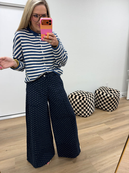 Navy Polka Dot Wide Leg Pants