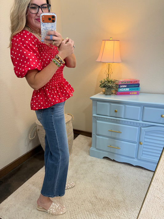 Red & White Polka Dot Puff Sleeve Smocked Peplum Top