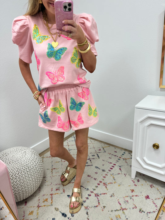 Pink Butterfly Two Piece Short Set FS