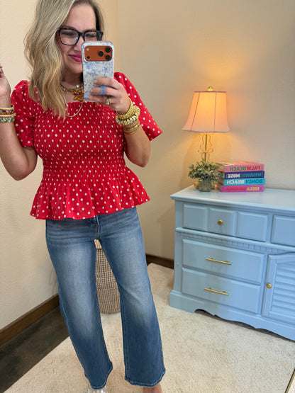 Red & White Polka Dot Puff Sleeve Smocked Peplum Top