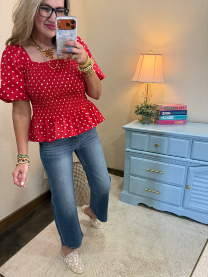 Red & White Polka Dot Puff Sleeve Smocked Peplum Top