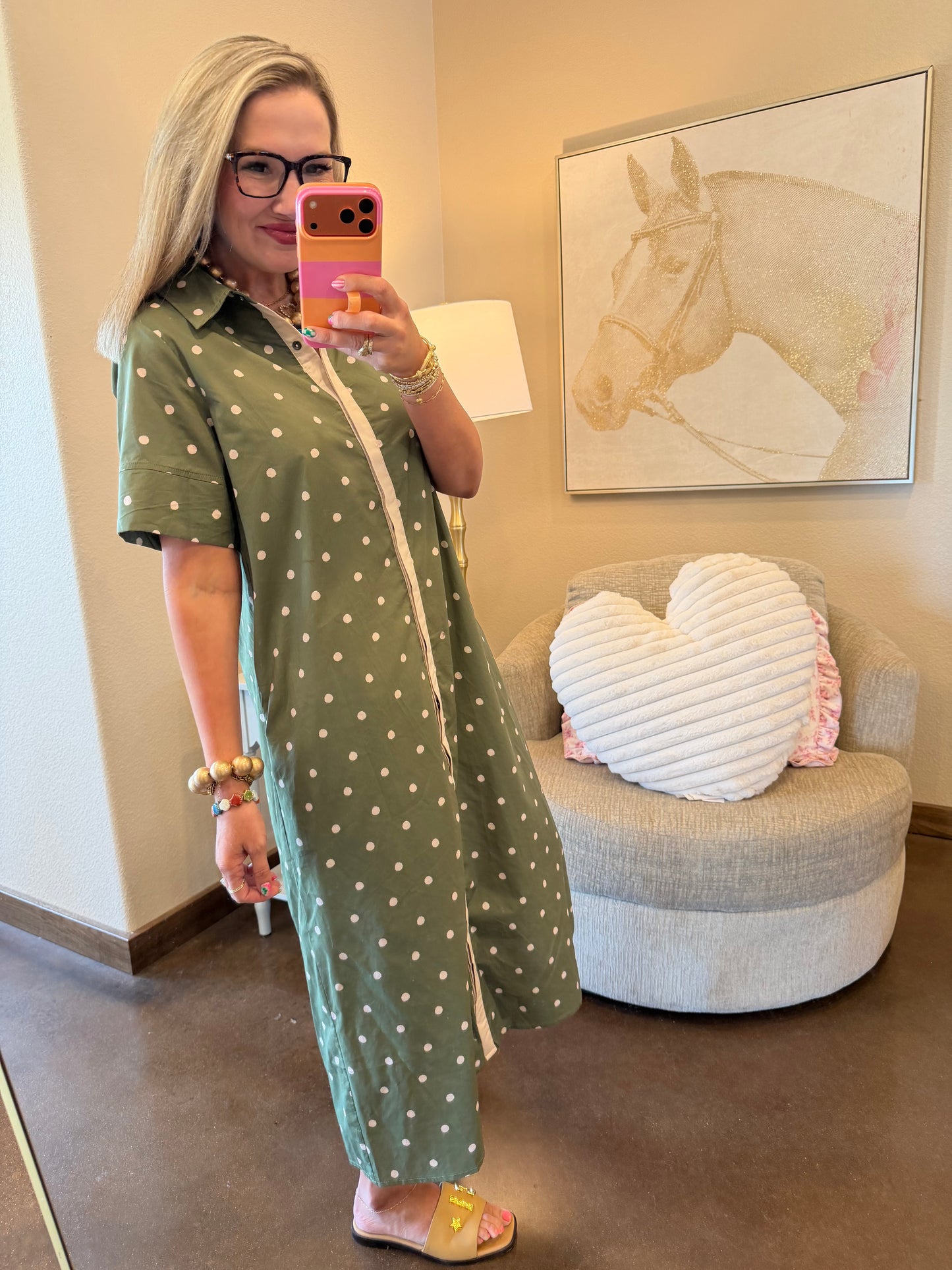 Olive Polka Dot Button Down Dress