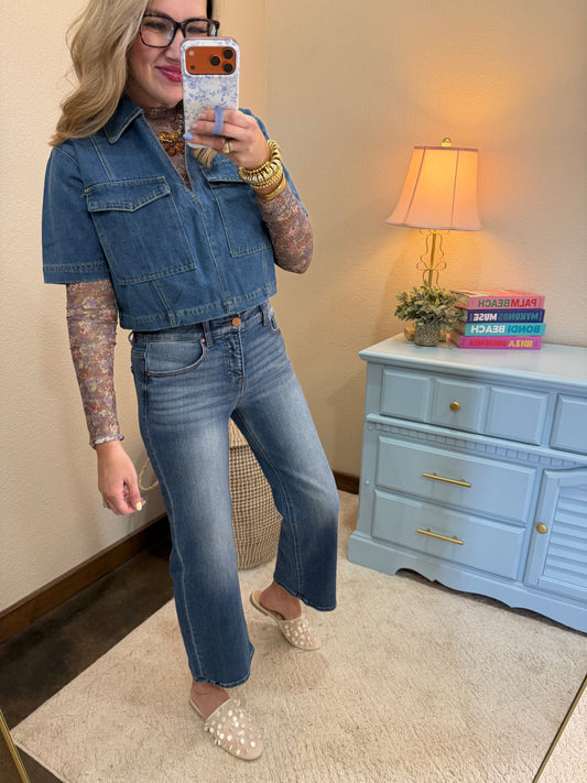 Risen Tummy Control Stretch Waist Band Crop Wide Leg Jeans