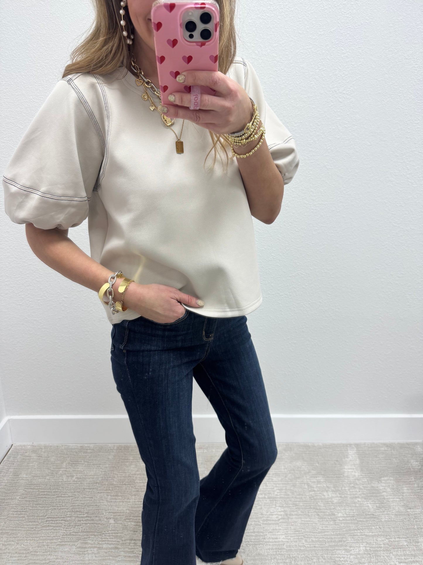 Cream Stitched Sleeve Top