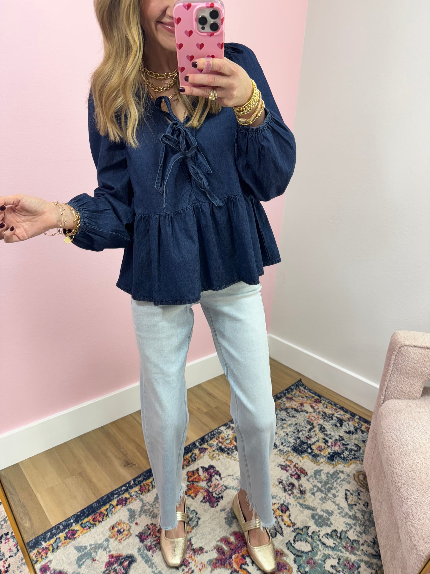 Bow Tie Front Denim Peplum Top