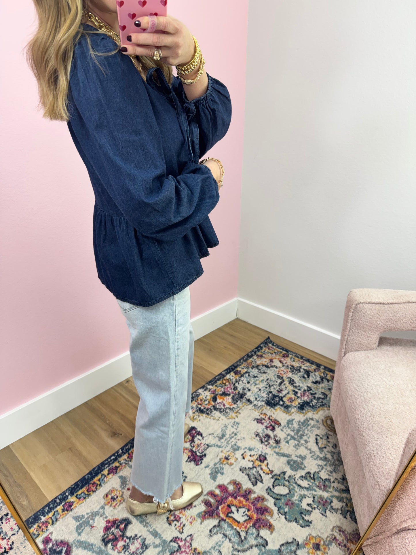 Bow Tie Front Denim Peplum Top