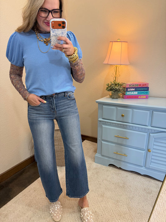 Blue Ribbed Puff Sleeve Top