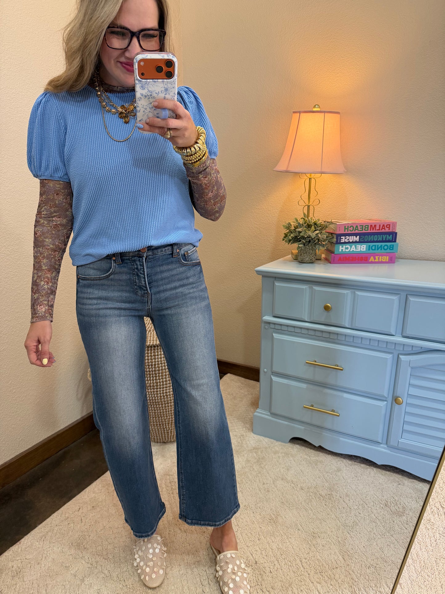 Blue Ribbed Puff Sleeve Top