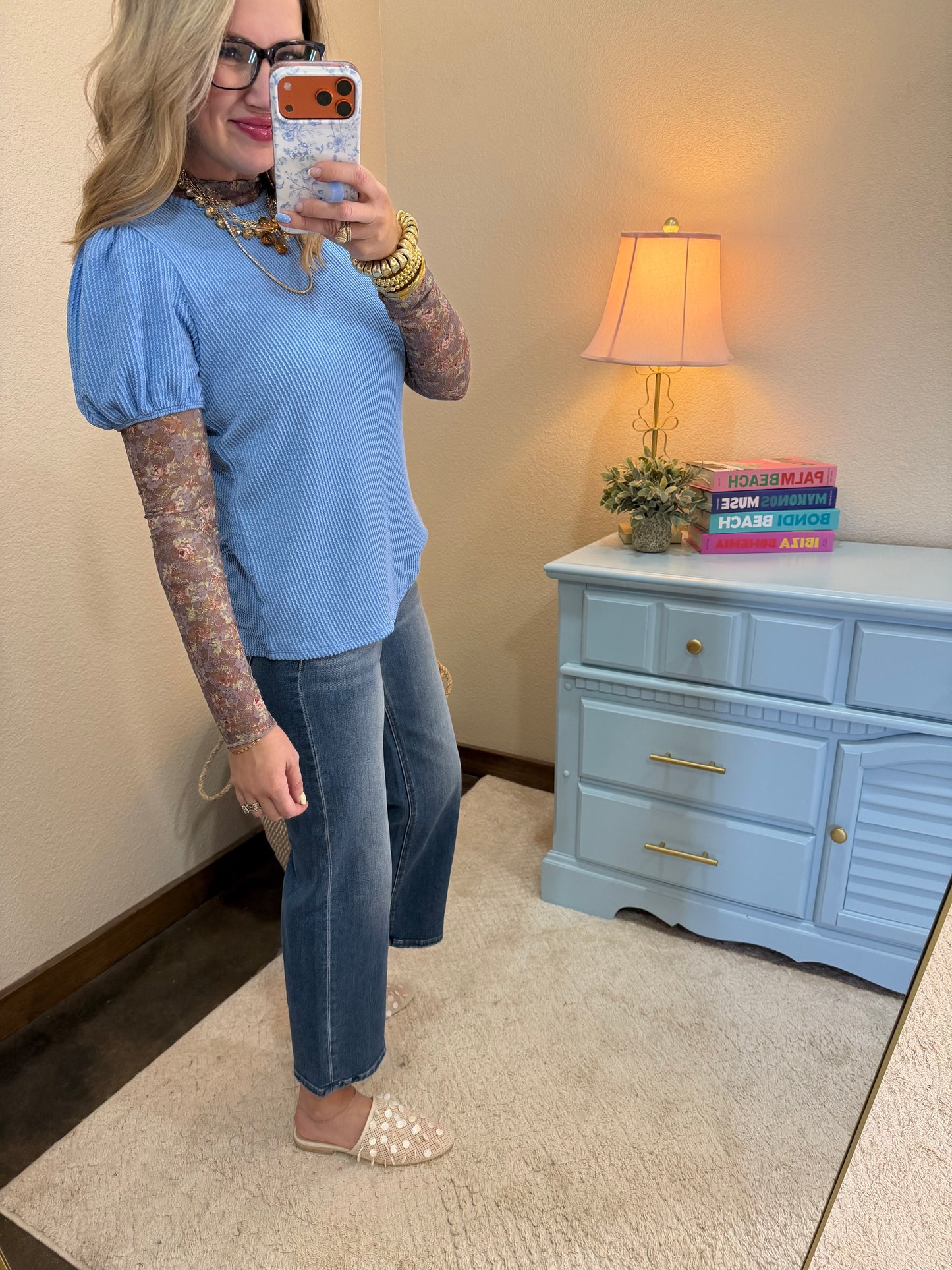 Blue Ribbed Puff Sleeve Top