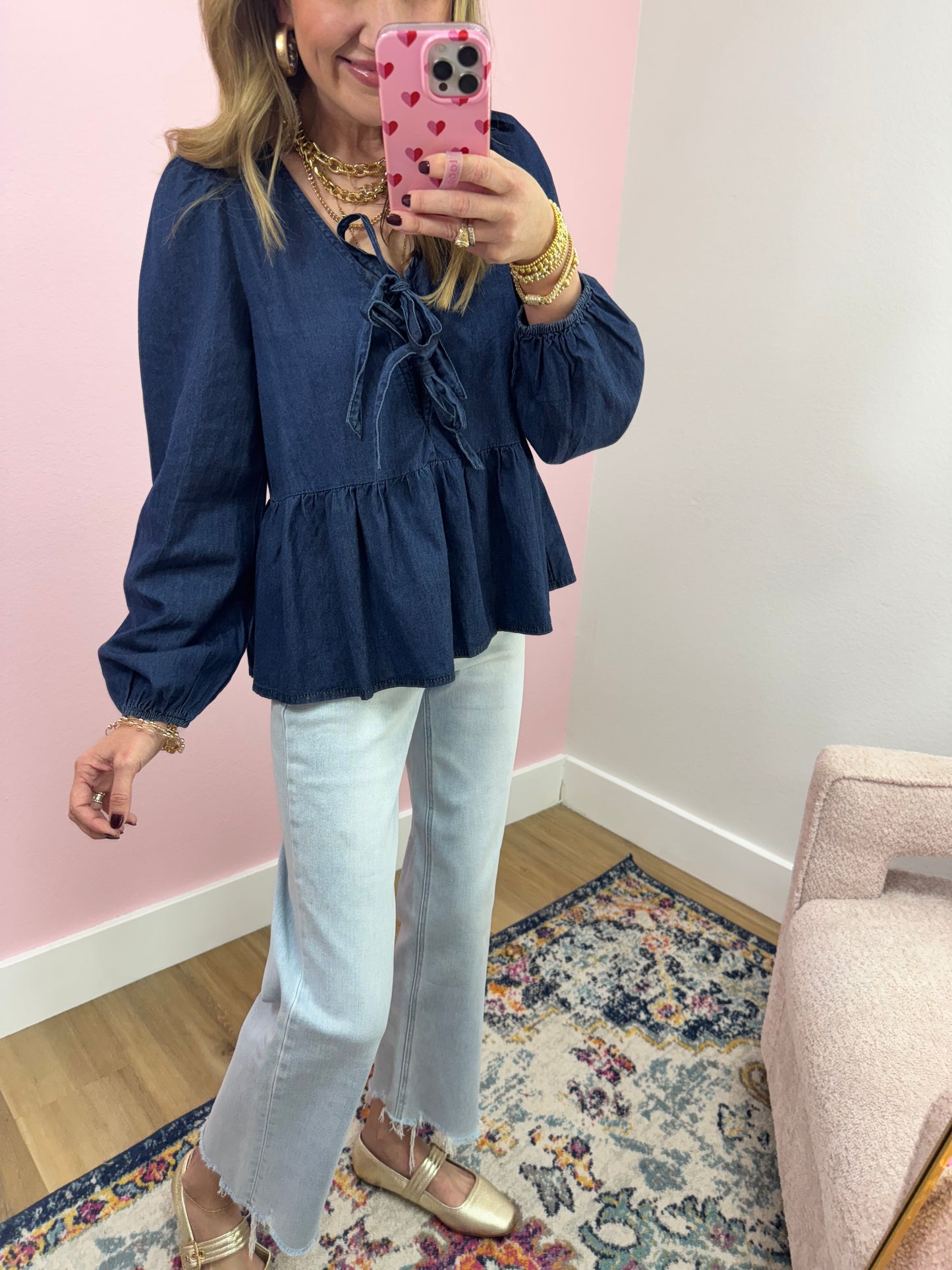 Bow Tie Front Denim Peplum Top