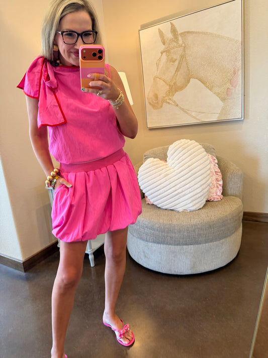 Hot Pink Asymmetric Pleated Shoulder Bow Top