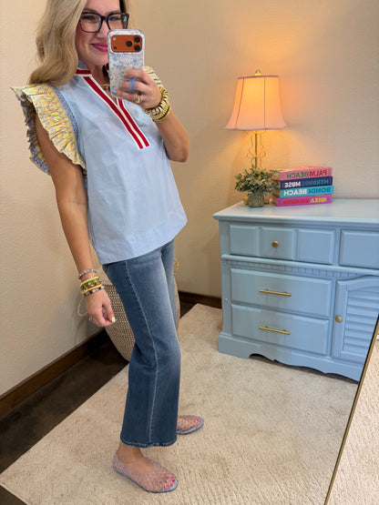 Light Blue Accent Trim Flutter Sleeve Top