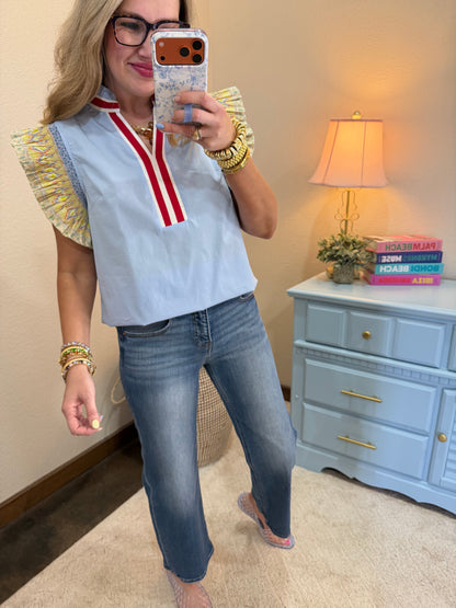 Light Blue Accent Trim Flutter Sleeve Top