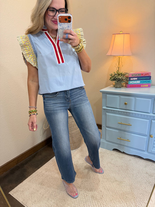 Light Blue Accent Trim Flutter Sleeve Top