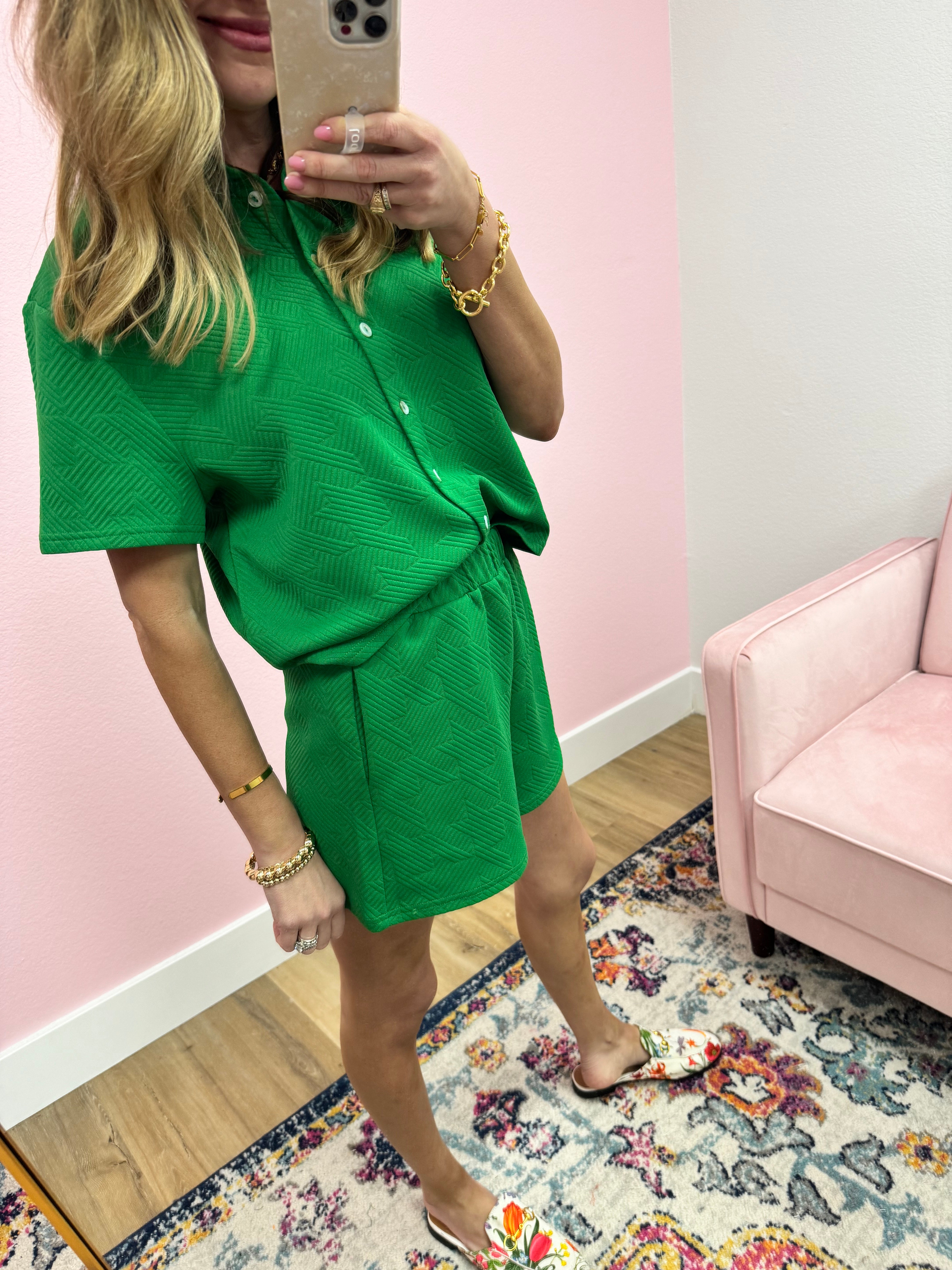 Kelly Green Textured Two Piece Short Set