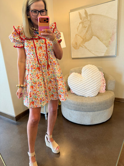 Red Ruffle Trim Floral Babydoll Dress