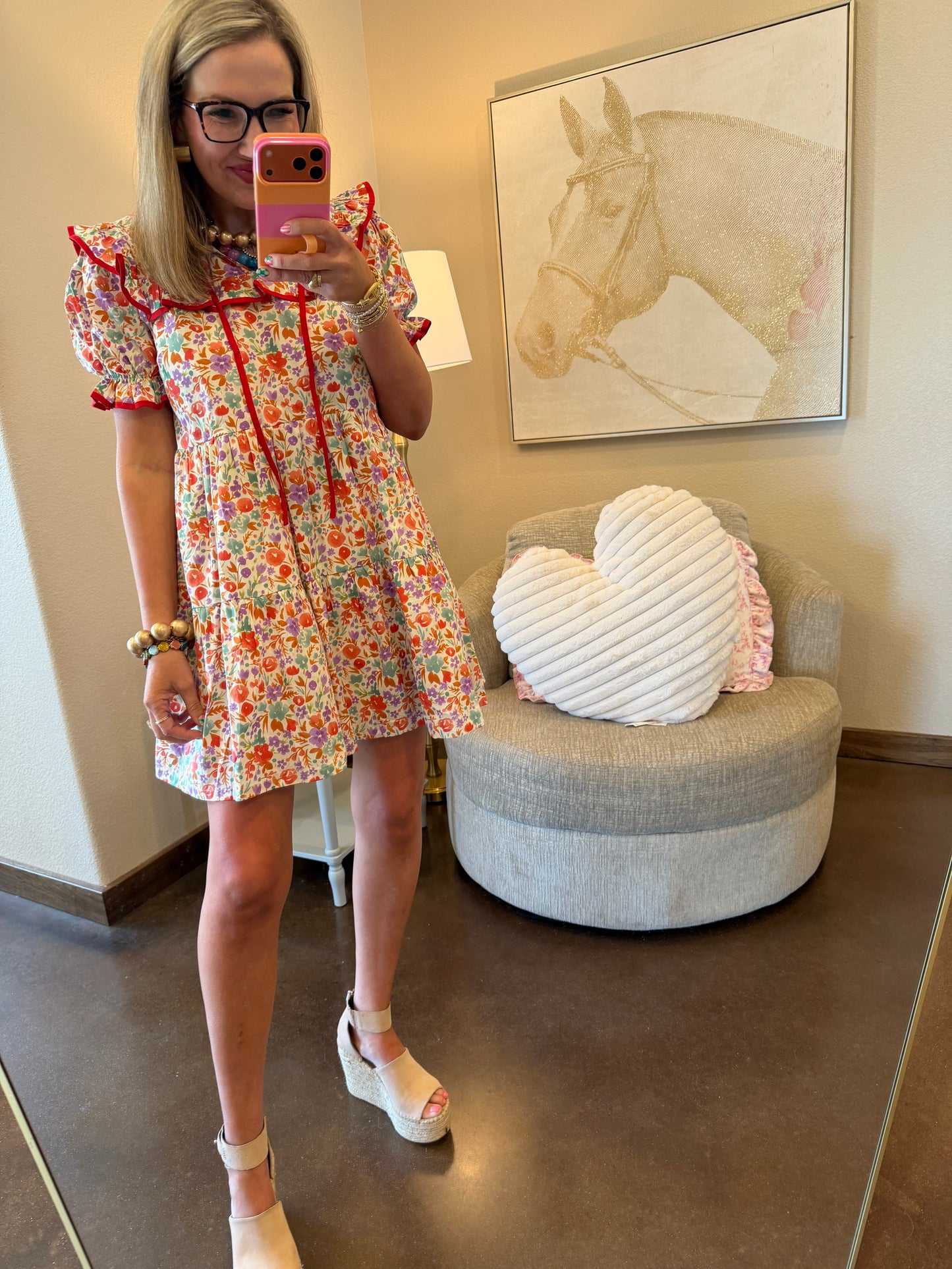Red Ruffle Trim Floral Babydoll Dress