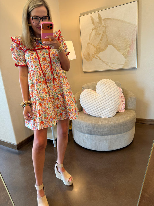 Red Ruffle Trim Floral Babydoll Dress