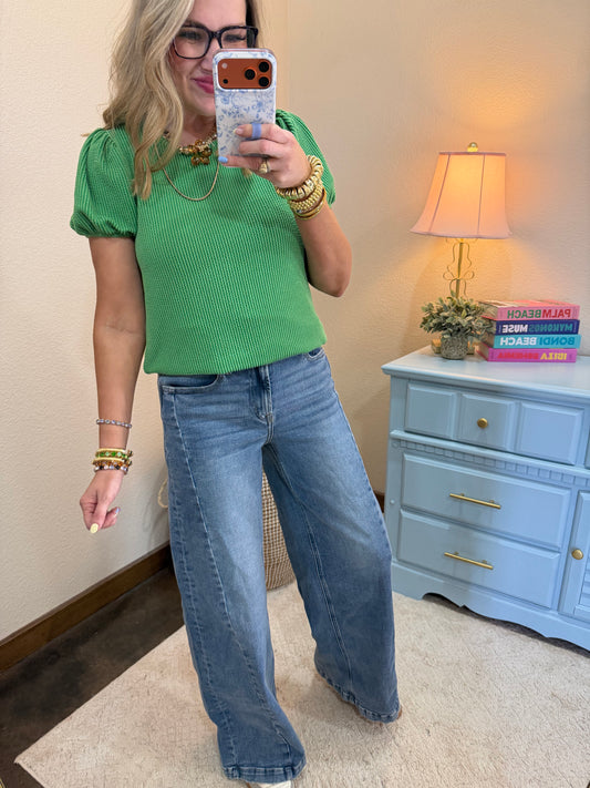 Green Ribbed Puff Sleeve Top